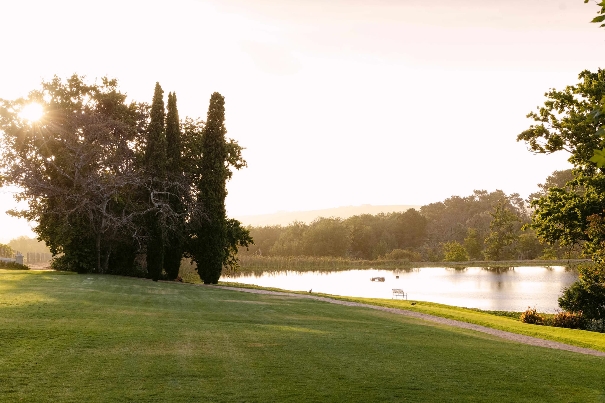 Navarre Residence grounds at golden hour with lake and cypress trees